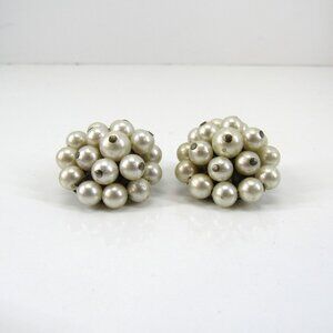 Vintage White Faux Pearl Cluster Clip-On Earrings Silver Tone Made in Japan